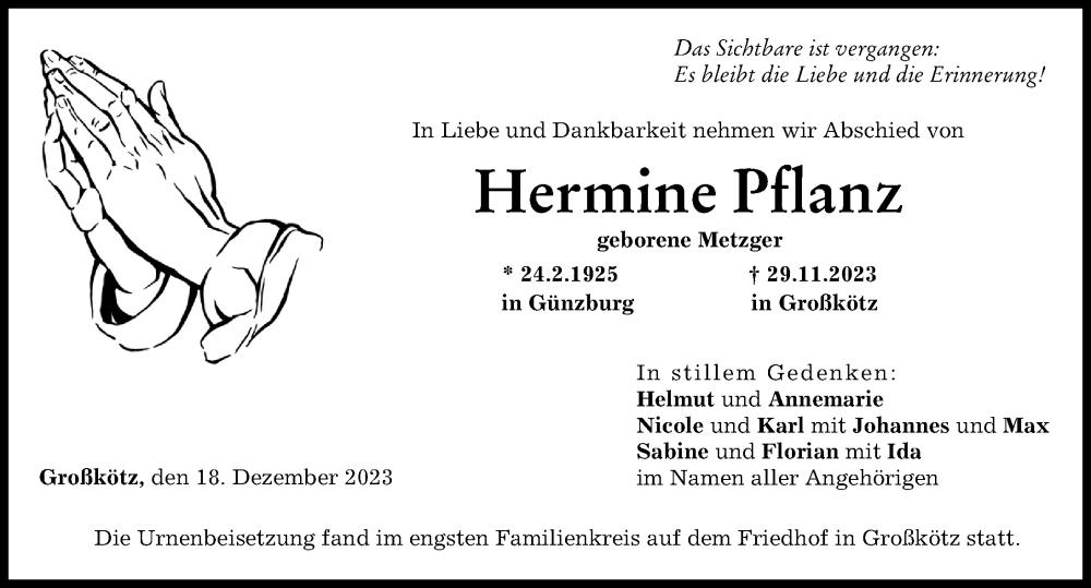 Traueranzeige von Hermine Pflanz von Günzburger Zeitung