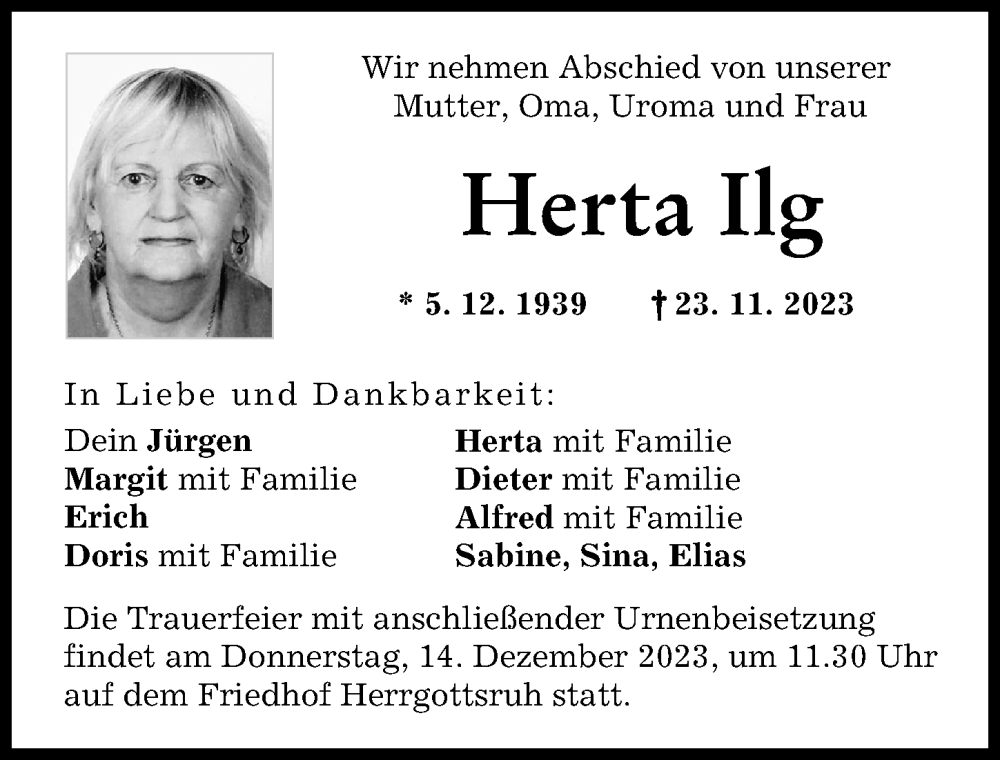  Traueranzeige für Herta Ilg vom 09.12.2023 aus Friedberger Allgemeine