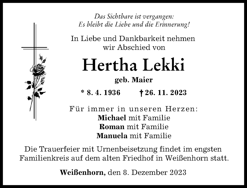  Traueranzeige für Hertha Lekki vom 08.12.2023 aus Neu-Ulmer Zeitung