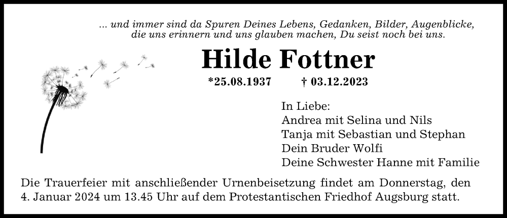  Traueranzeige für Hilde Fottner vom 09.12.2023 aus Augsburger Allgemeine, Donauwörther Zeitung