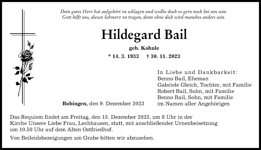  Traueranzeige für Hildegard Bail vom 09.12.2023 aus Augsburger Allgemeine