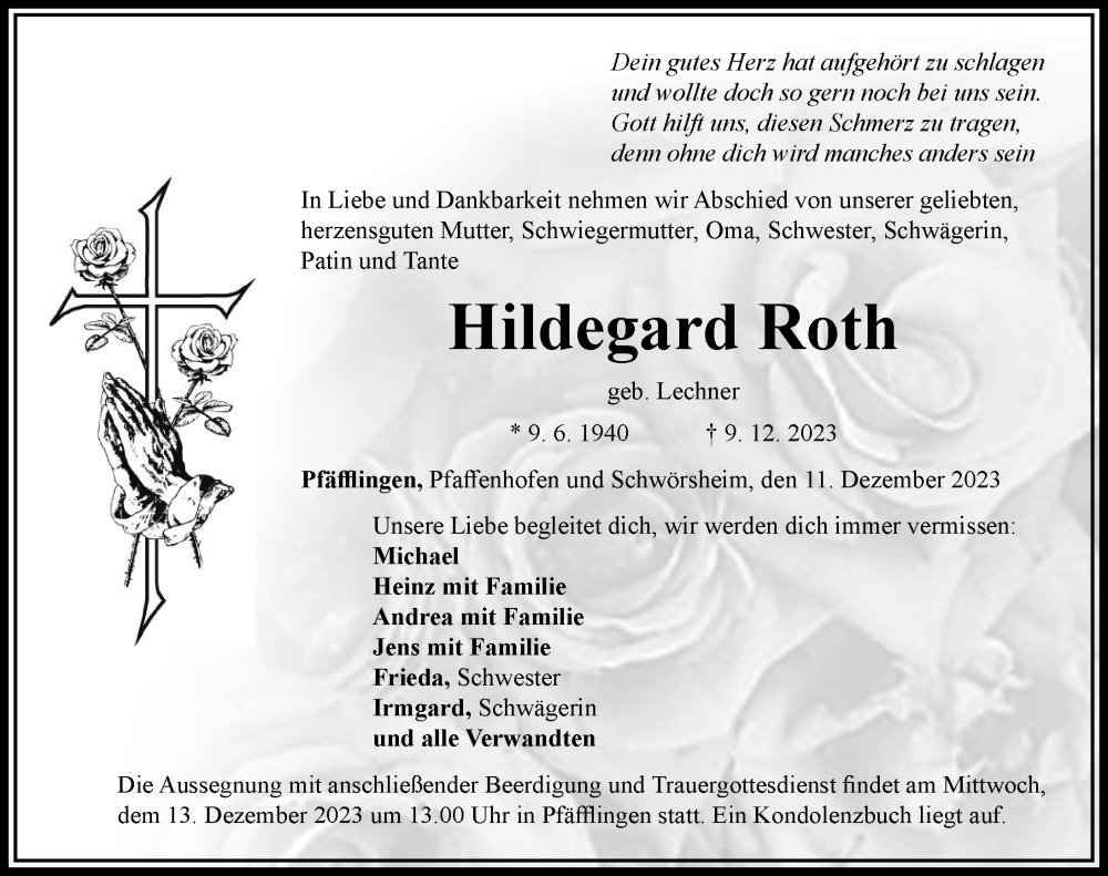  Traueranzeige für Hildegard Roth vom 11.12.2023 aus Rieser Nachrichten