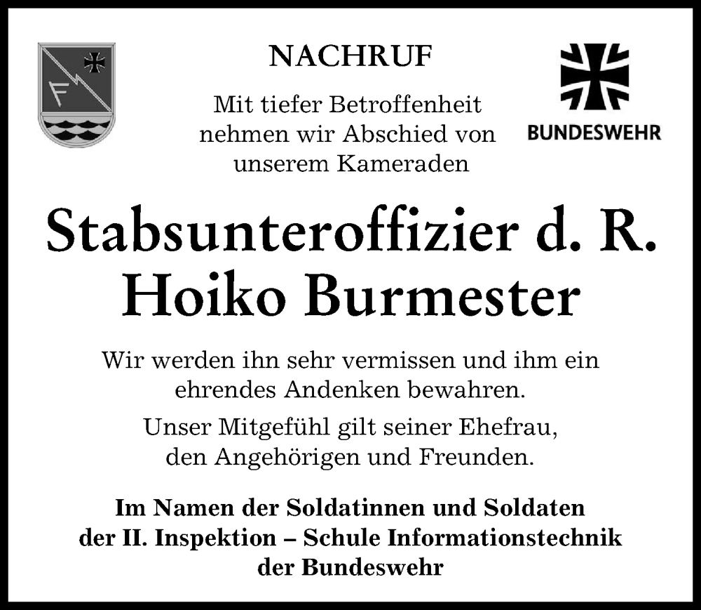  Traueranzeige für Hoiko Burmester vom 02.12.2023 aus Augsburger Allgemeine