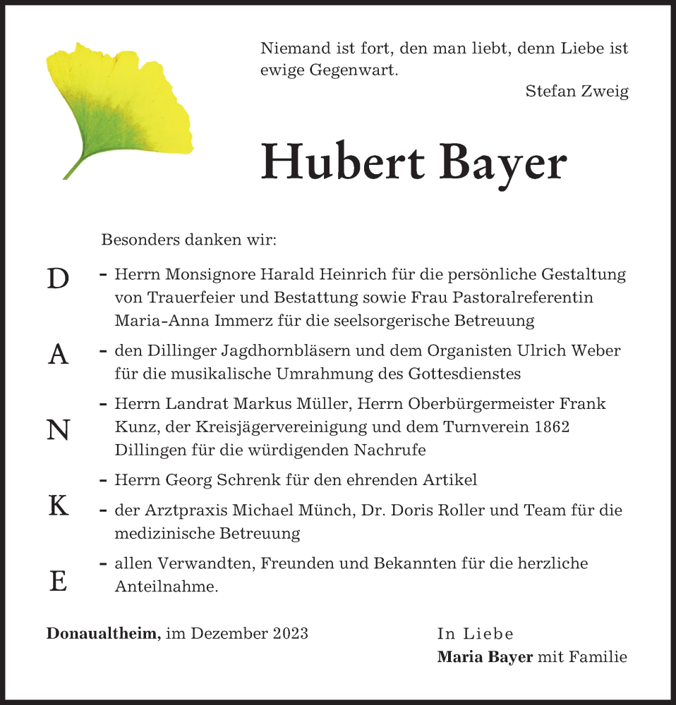 Traueranzeige von Hubert Bayer von Donau Zeitung