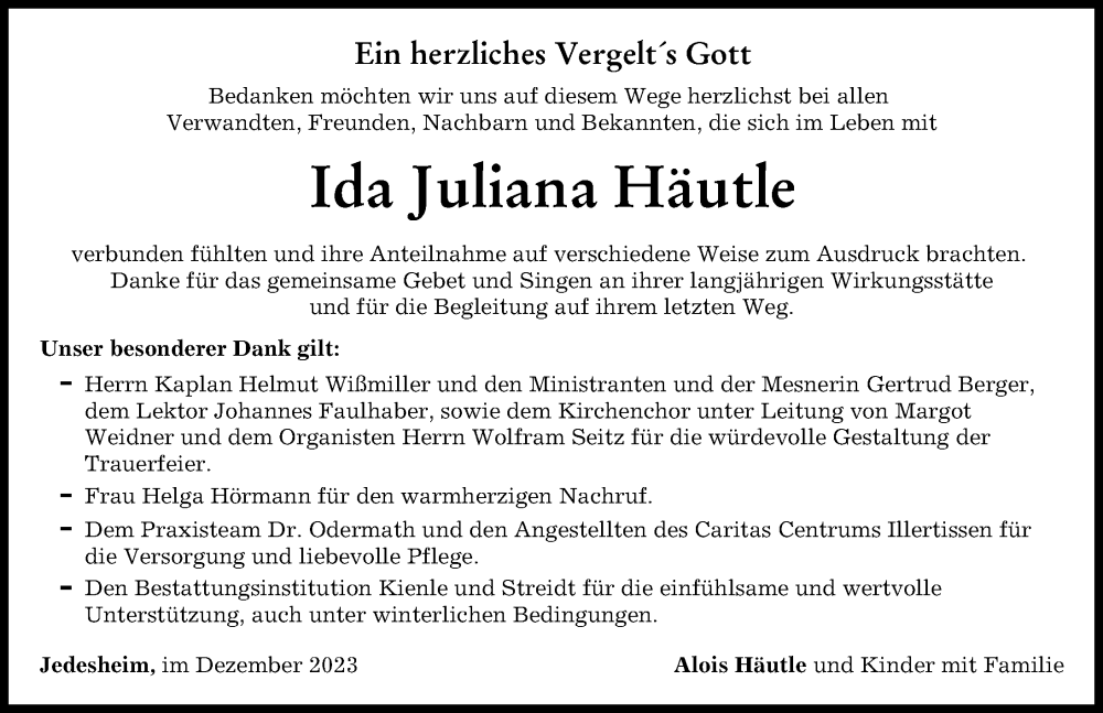  Traueranzeige für Ida Juliana Häutle vom 14.12.2023 aus Illertisser Zeitung