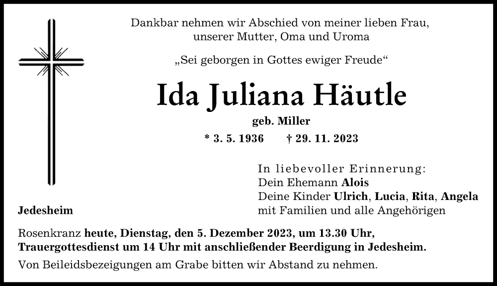  Traueranzeige für Ida Juliana Häutle vom 05.12.2023 aus Illertisser Zeitung
