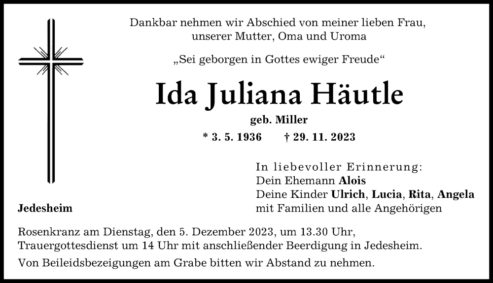  Traueranzeige für Ida Juliana Häutle vom 02.12.2023 aus Illertisser Zeitung