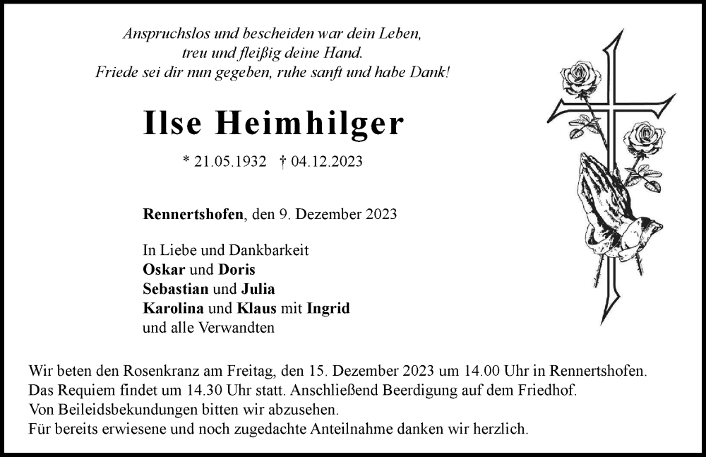  Traueranzeige für Ilse Heimhilger vom 09.12.2023 aus Neuburger Rundschau