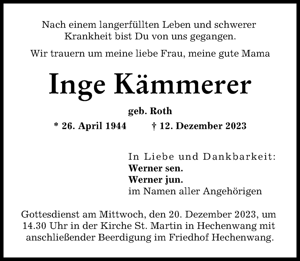 Traueranzeige von Inge Kämmerer von Landsberger Tagblatt