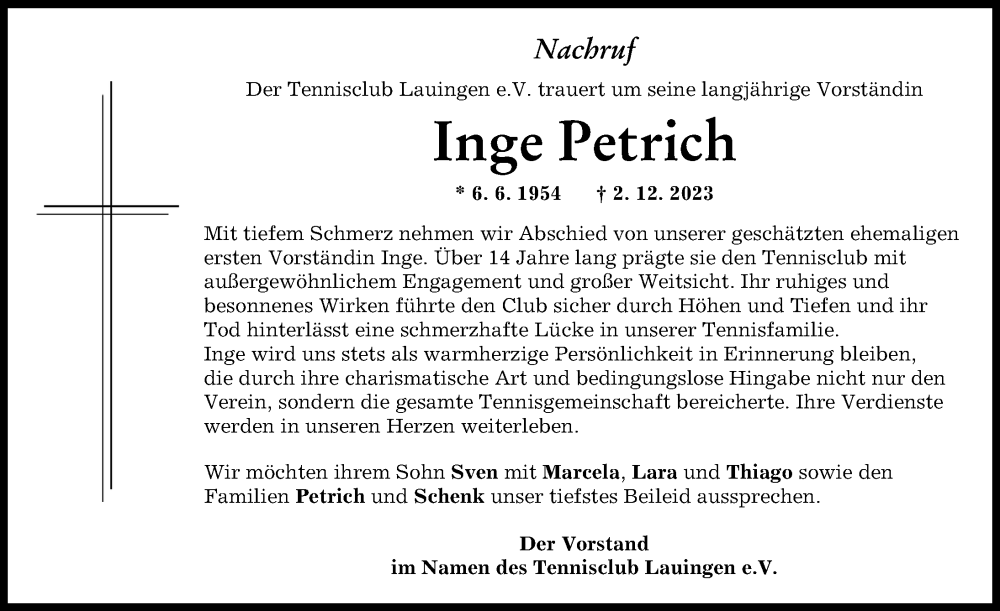  Traueranzeige für Inge Petrich vom 12.12.2023 aus Donau Zeitung
