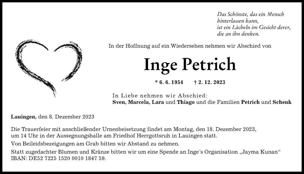  Traueranzeige für Inge Petrich vom 08.12.2023 aus Donau Zeitung