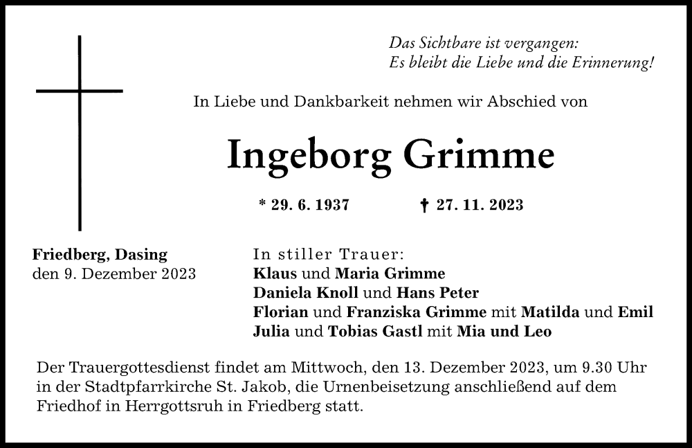  Traueranzeige für Ingeborg Grimme vom 09.12.2023 aus Friedberger Allgemeine