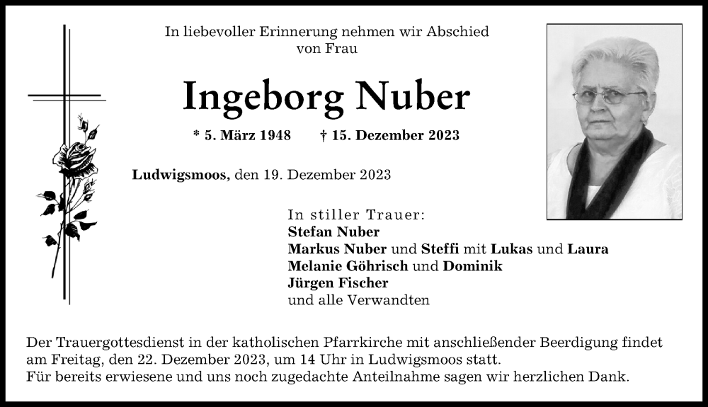 Traueranzeige von Ingeborg Nuber von Neuburger Rundschau