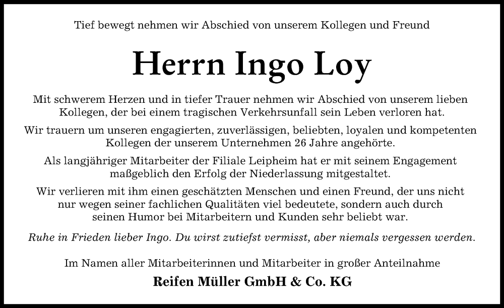 Traueranzeige von Ingo Loy von Günzburger Zeitung