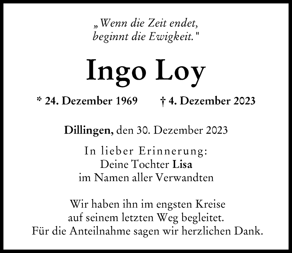 Traueranzeige von Ingo Loy von Donau Zeitung