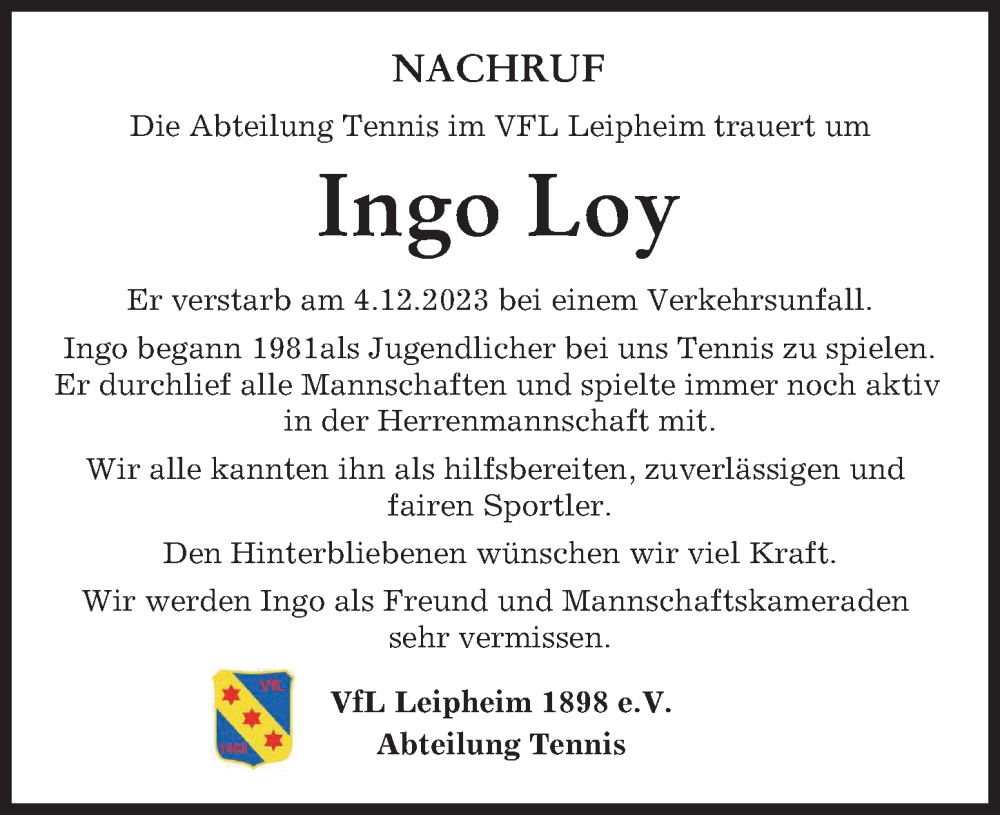 Traueranzeige von Ingo Loy von Günzburger Zeitung