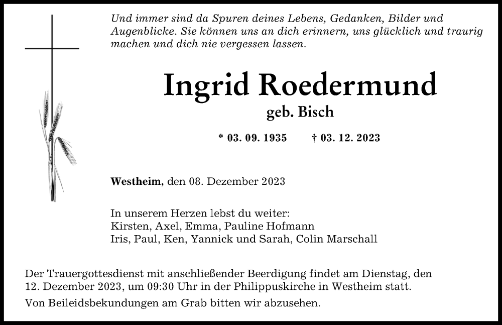  Traueranzeige für Ingrid Roedermund vom 08.12.2023 aus Augsburger Allgemeine