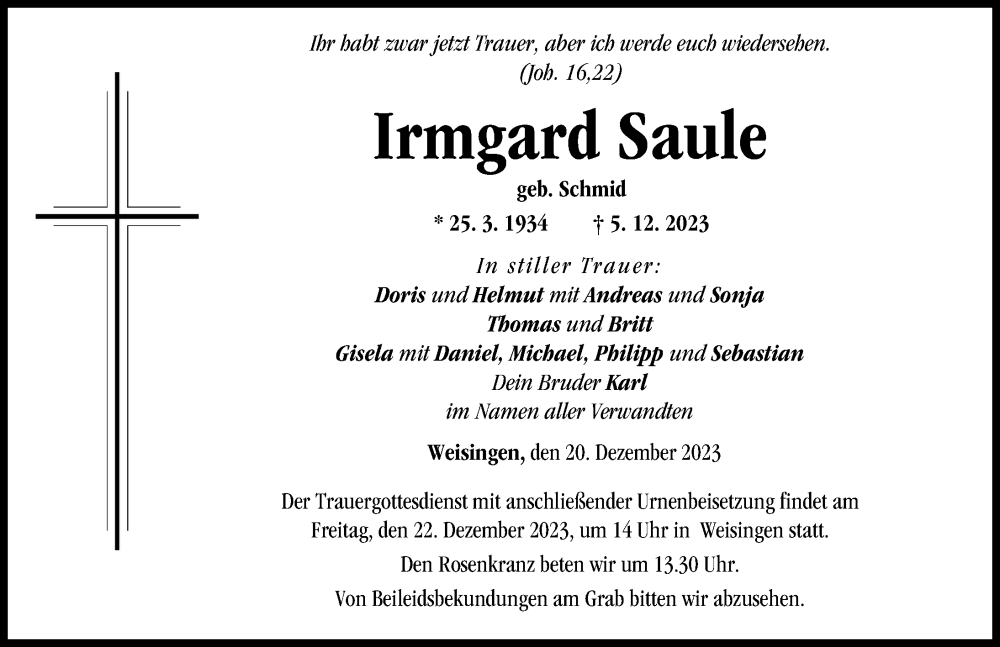 Traueranzeige von Irmgard Saule von Donau Zeitung