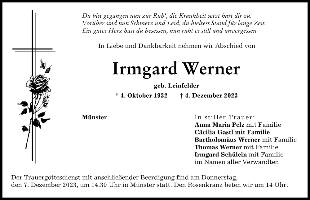  Traueranzeige für Irmgard Werner vom 06.12.2023 aus Donauwörther Zeitung