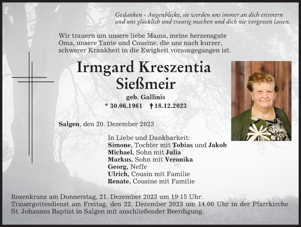 Traueranzeige von Irmgard Kreszentia Sießmeir von Mindelheimer Zeitung