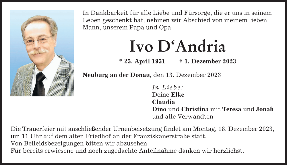 Traueranzeige von Ivo D´Andria von Neuburger Rundschau