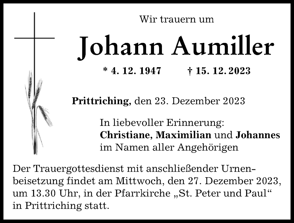 Traueranzeige von Johann Aumiller von Landsberger Tagblatt