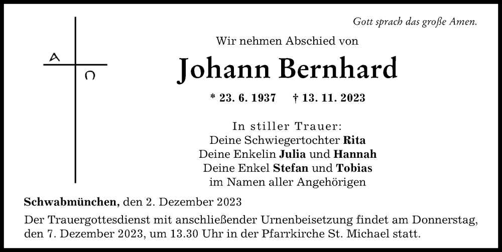 Traueranzeige von Johann Bernhard von Schwabmünchner Allgemeine