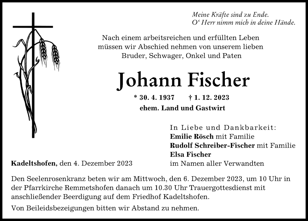  Traueranzeige für Johann Fischer vom 04.12.2023 aus Neu-Ulmer Zeitung