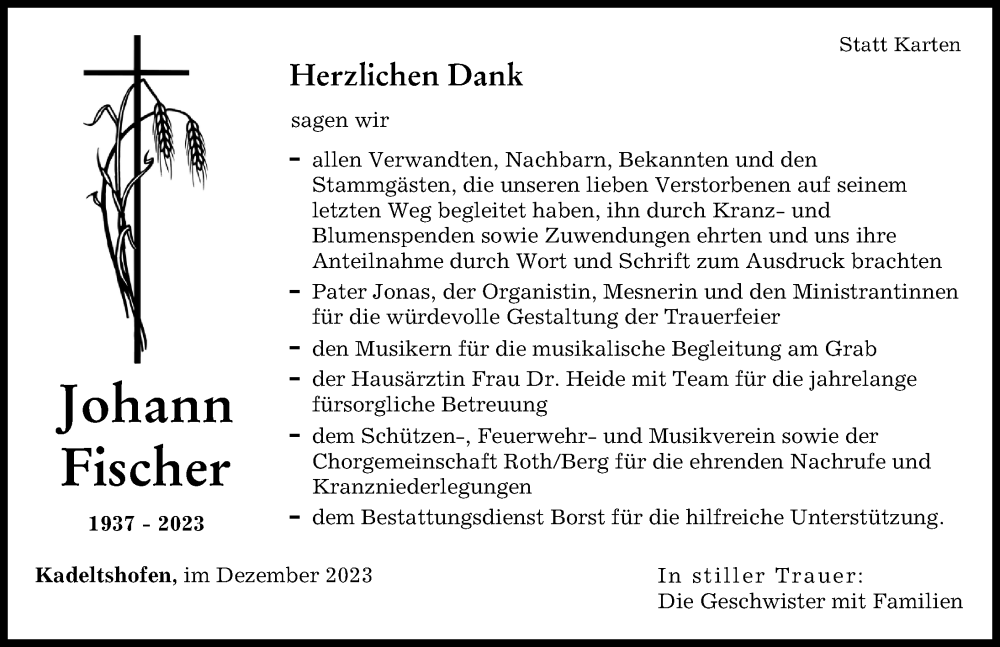  Traueranzeige für Johann Fischer vom 21.12.2023 aus Neu-Ulmer Zeitung