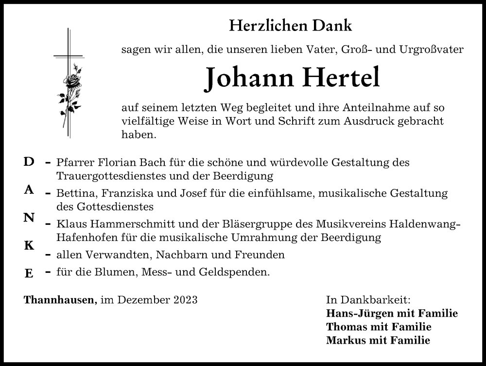  Traueranzeige für Johann Hertel vom 21.12.2023 aus Mittelschwäbische Nachrichten
