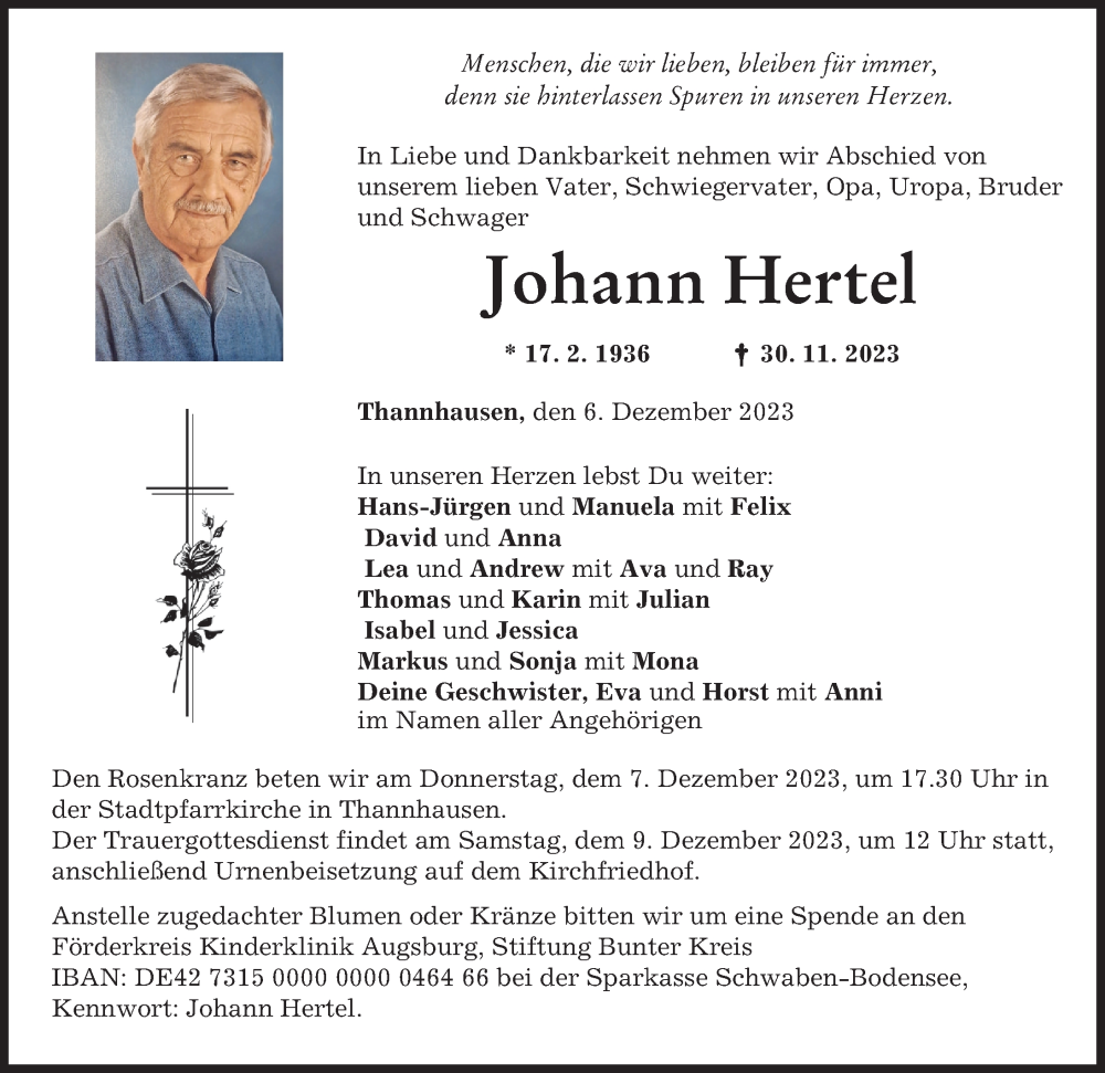  Traueranzeige für Johann Hertel vom 06.12.2023 aus Mittelschwäbische Nachrichten