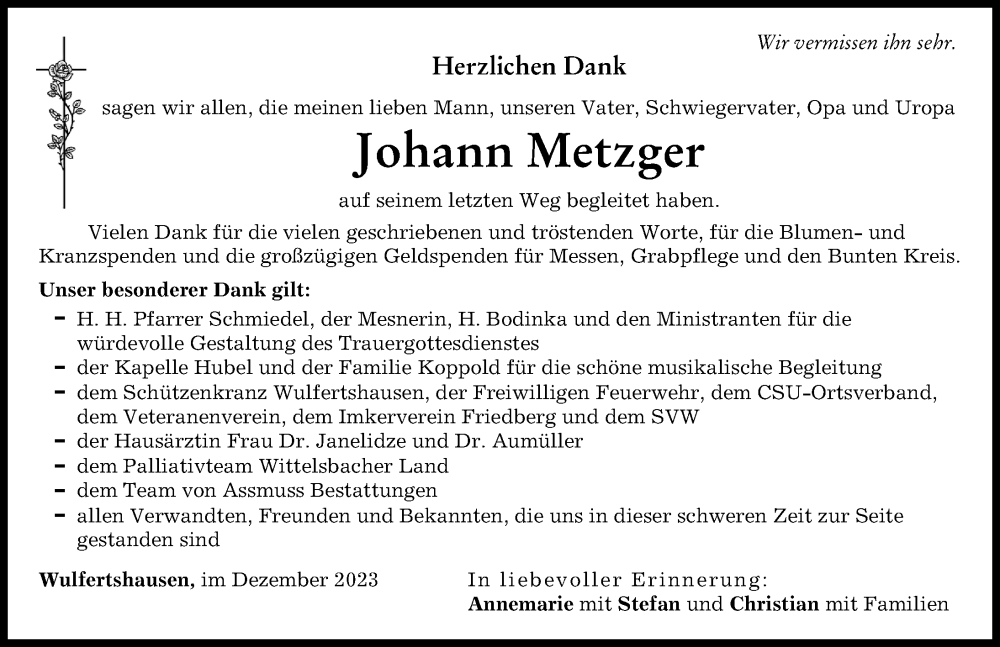  Traueranzeige für Johann Metzger vom 23.12.2023 aus Friedberger Allgemeine, Aichacher Nachrichten