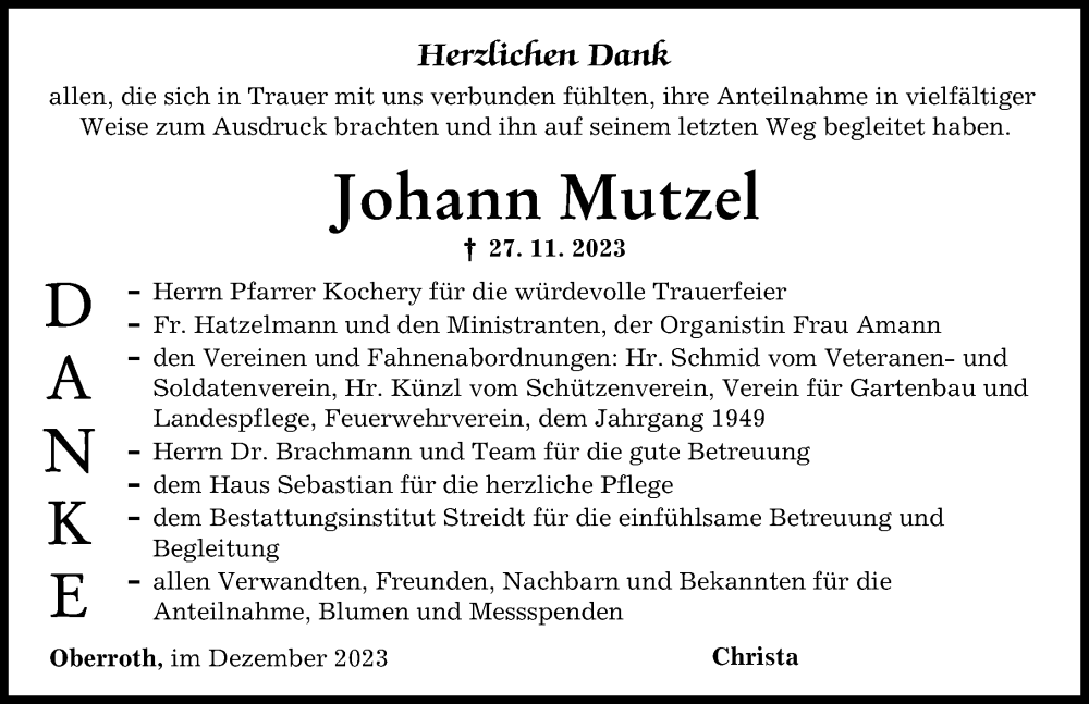  Traueranzeige für Johann Mutzel vom 19.12.2023 aus Illertisser Zeitung