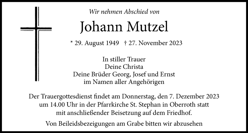  Traueranzeige für Johann Mutzel vom 05.12.2023 aus Illertisser Zeitung