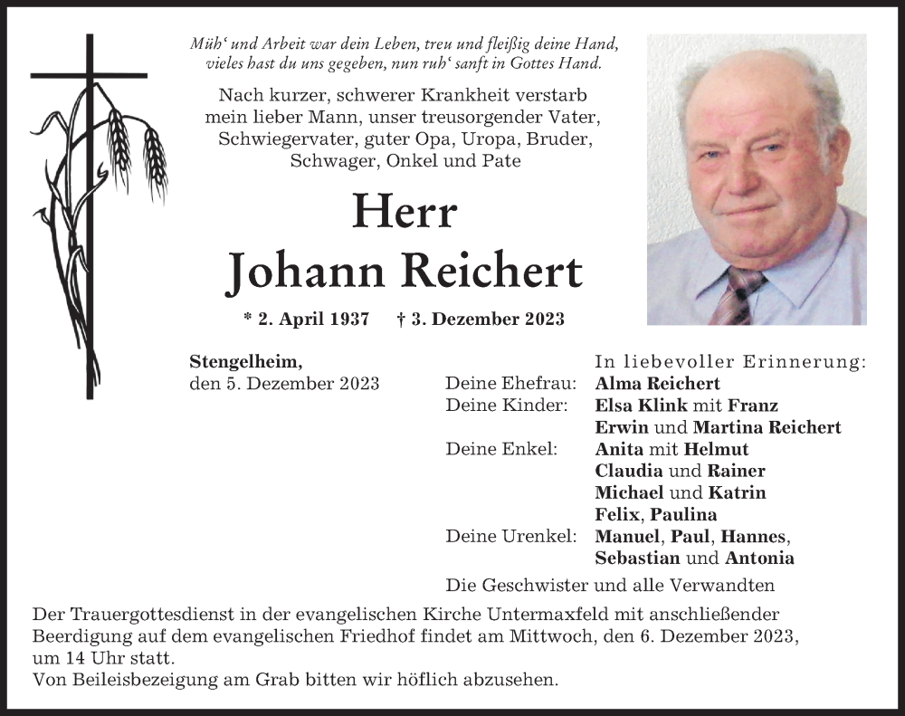  Traueranzeige für Johann Reichert vom 05.12.2023 aus Neuburger Rundschau