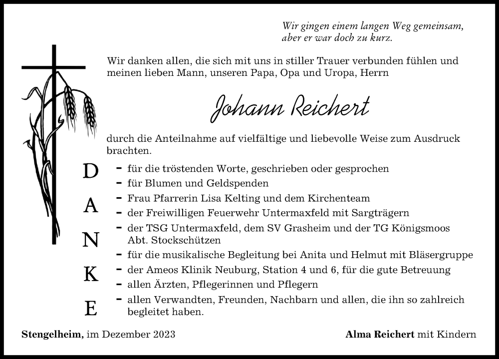  Traueranzeige für Johann Reichert vom 16.12.2023 aus Neuburger Rundschau