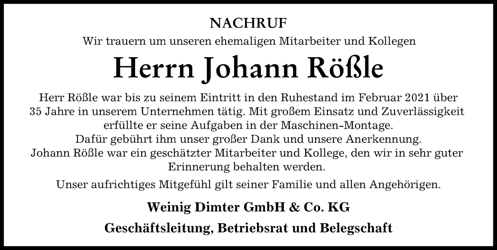  Traueranzeige für Johann Rößle vom 08.12.2023 aus Illertisser Zeitung