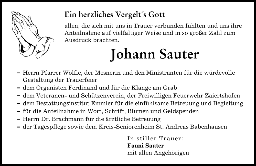 Traueranzeige von Johann Sauter von Illertisser Zeitung