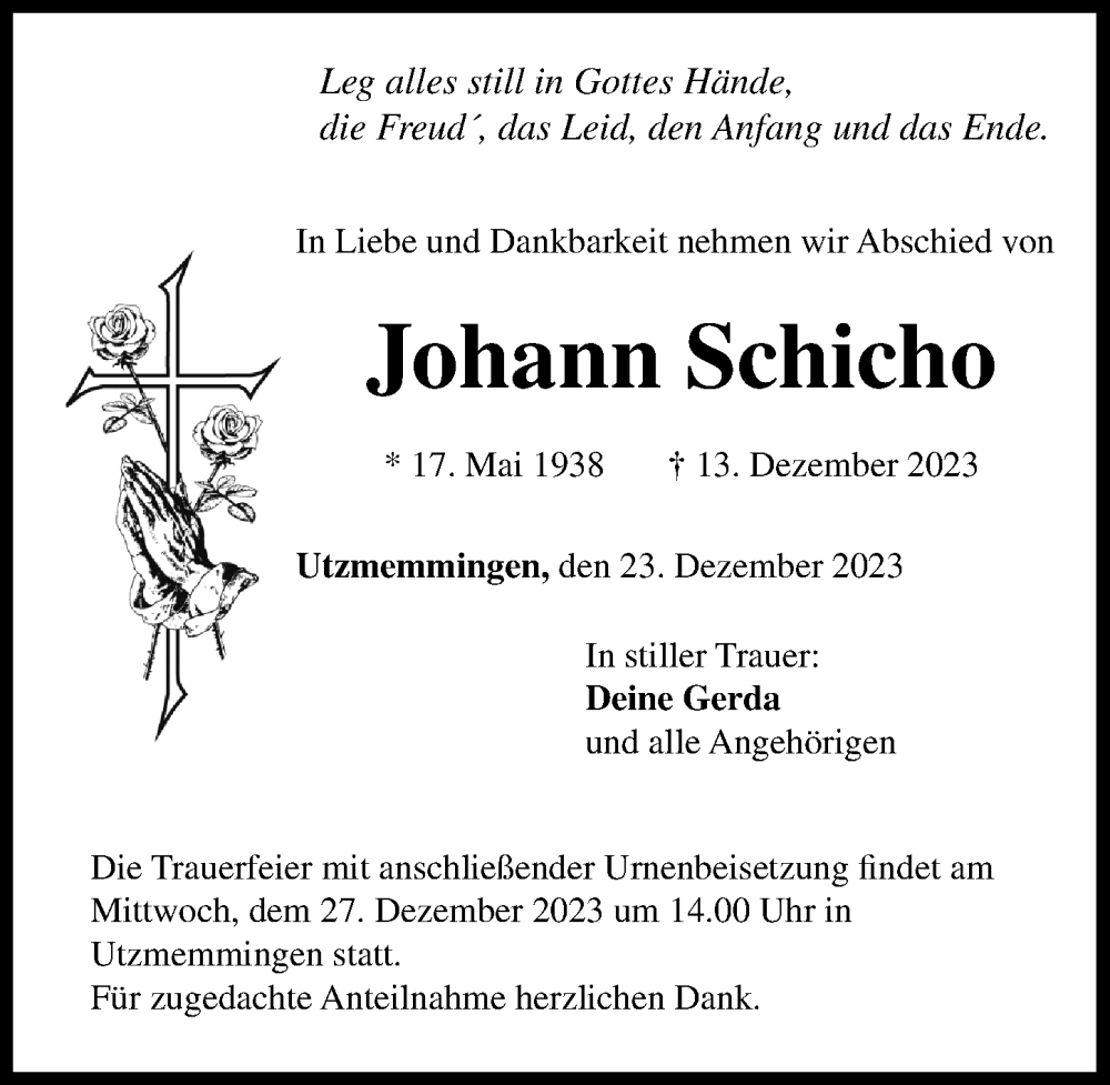 Traueranzeige von Johann Schicho von Rieser Nachrichten