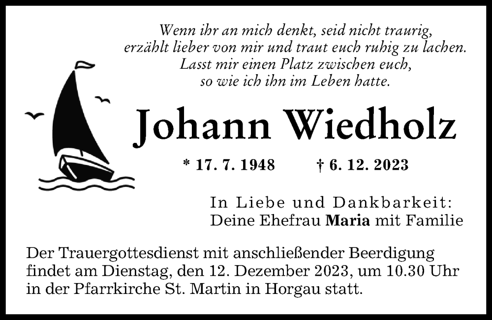  Traueranzeige für Johann Wiedholz vom 09.12.2023 aus Augsburg-Land