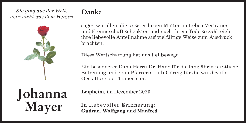  Traueranzeige für Johanna Mayer vom 19.12.2023 aus Günzburger Zeitung