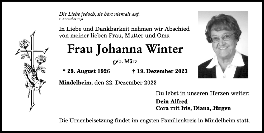 Traueranzeige von Johanna Winter von Mindelheimer Zeitung