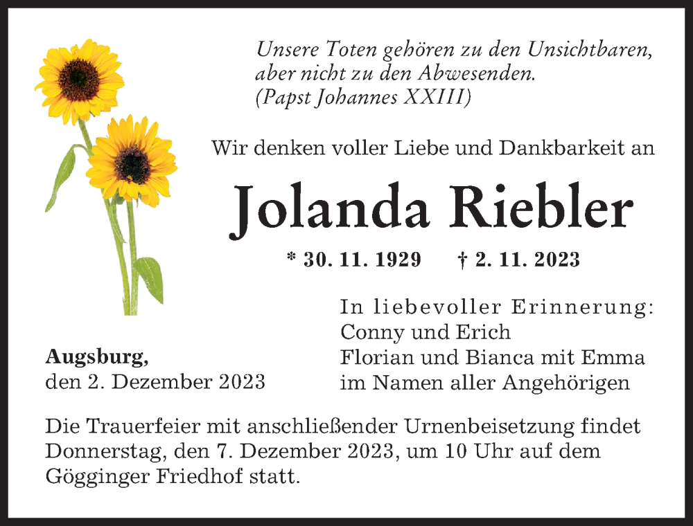  Traueranzeige für Jolanda Riebler vom 02.12.2023 aus Augsburger Allgemeine