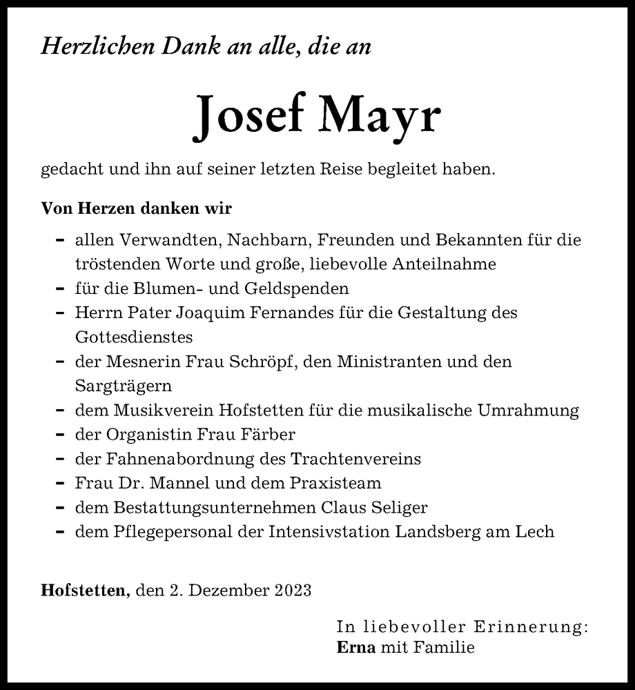 Traueranzeige von Josef Mayr von Landsberger Tagblatt