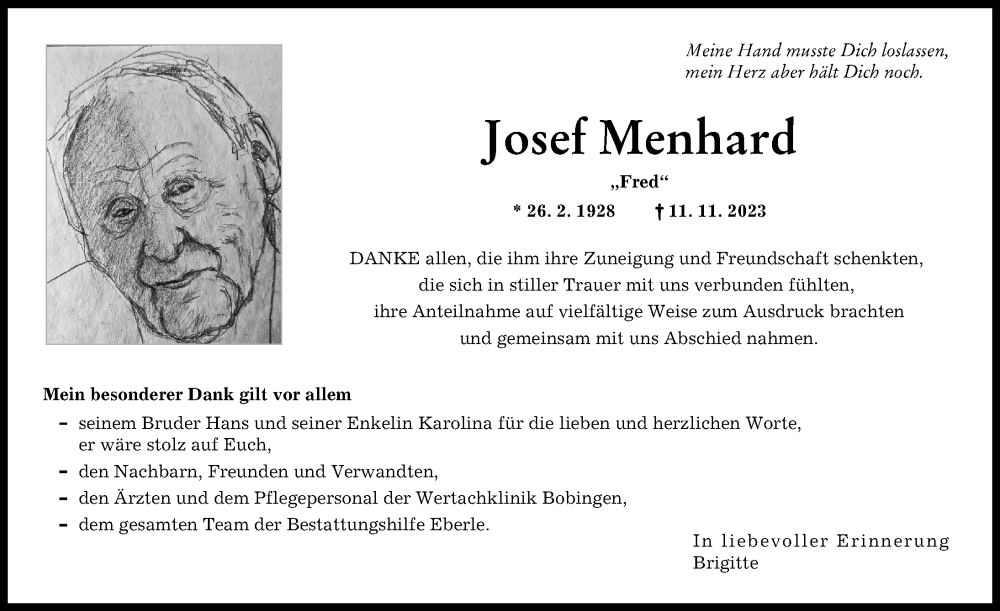 Traueranzeige von Josef Menhard von Augsburger Allgemeine