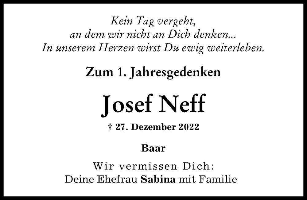 Traueranzeige von Josef Neff von Aichacher Nachrichten