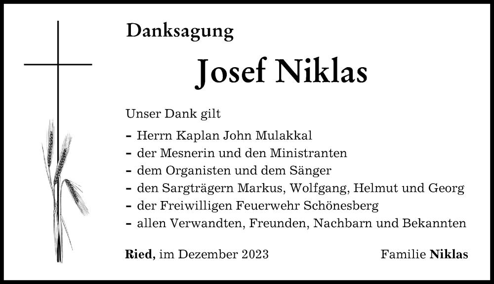 Traueranzeige von Josef Niklas von Neuburger Rundschau