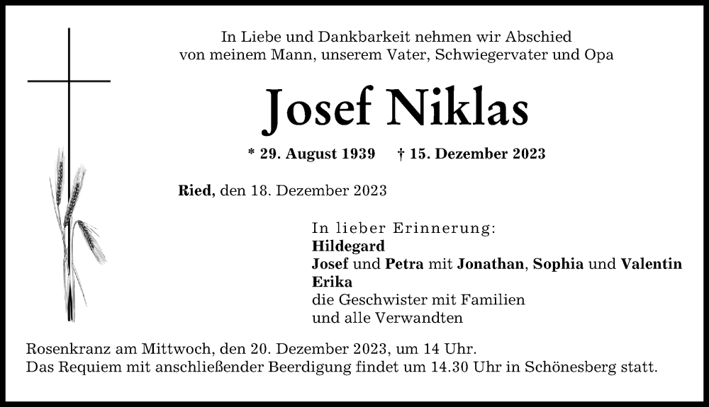 Traueranzeige von Josef Niklas von Neuburger Rundschau