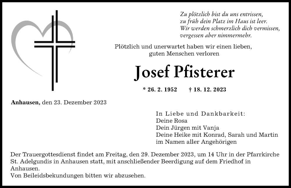 Traueranzeige von Josef Pfisterer von Augsburger Allgemeine