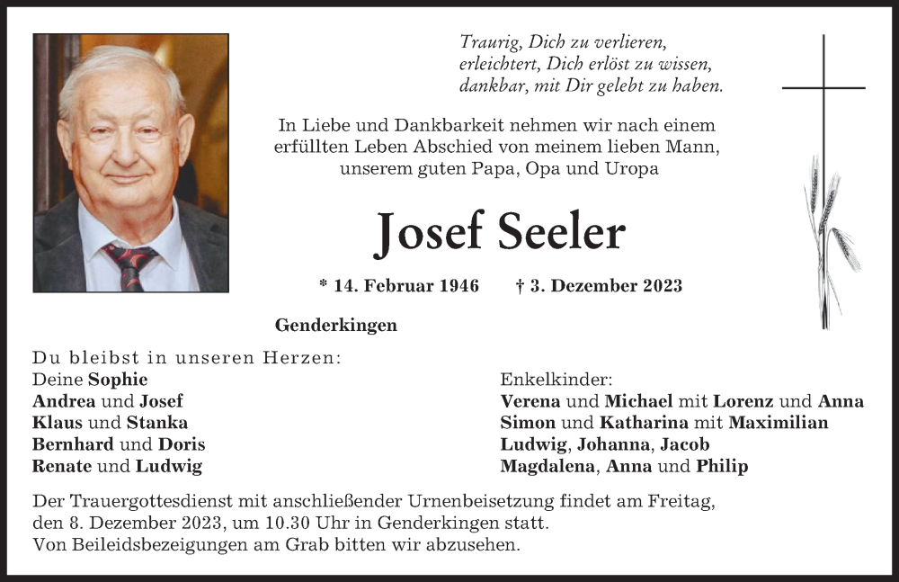  Traueranzeige für Josef Seeler vom 06.12.2023 aus Donauwörther Zeitung